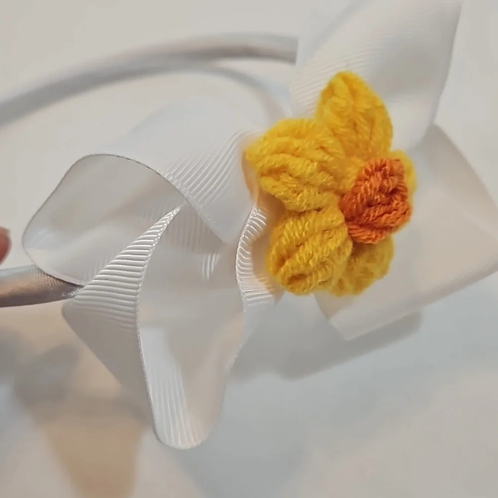 Hand Crafted White Bow Hairband Hand Knit Crochet Yellow Puffy Flower Coquette